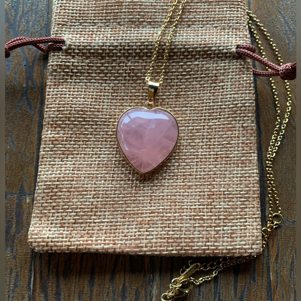 Gold plated Rose Quartz Crystal Heart with gold plated Stainless Steel Chain